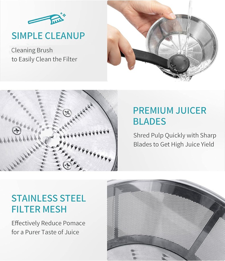 Juicer filter features and cleaning
